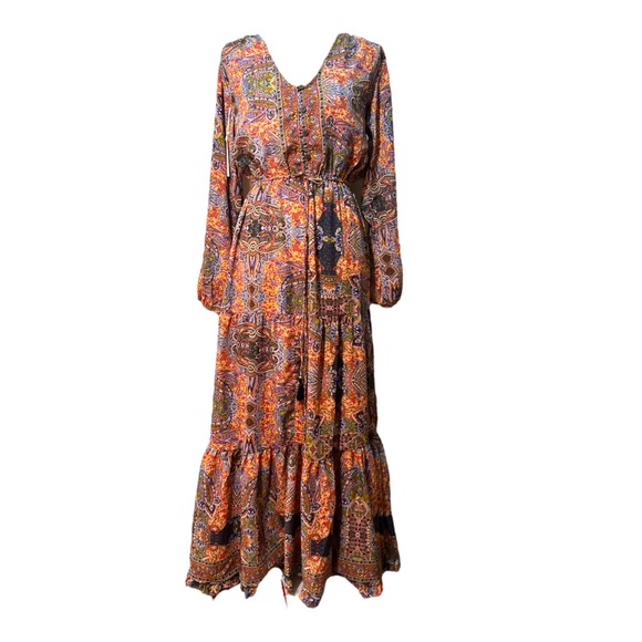 Anthropologie Long Sleeve V-neck Maxi Paisley Tassel Dress Size Large - Picture 4 of 9